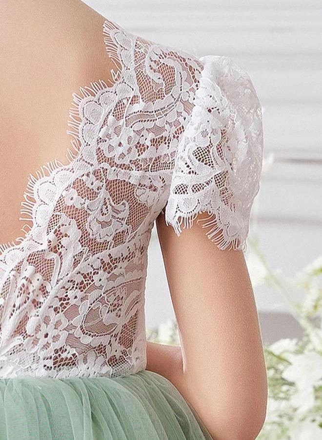 Take Two  Girls Green Lace Puff Sleeve Tulle Maxi Dress for Women | Best Price UAE